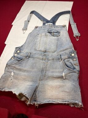 Light Blue Denim Bib Overall Shorts Cut Offs Distressed Raw Hem Grunge Womens Lg